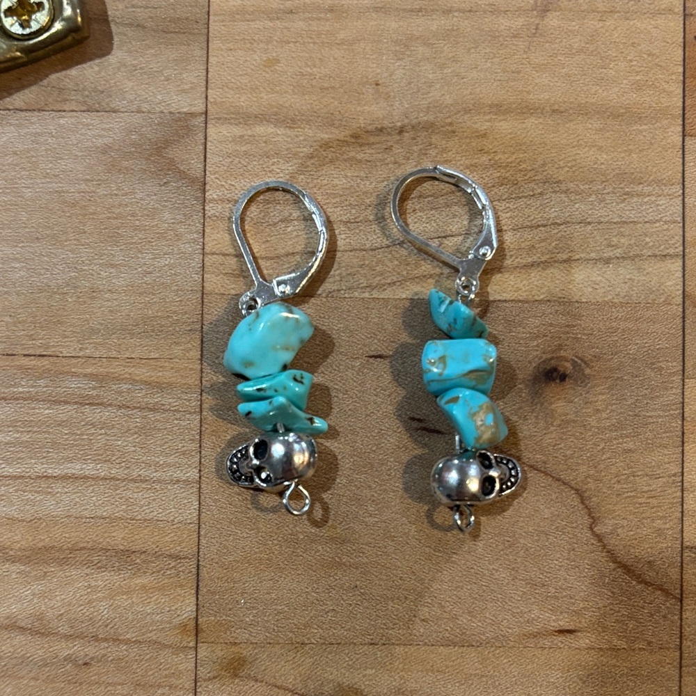 Turquoise and Silver Skull Dangle Earrings
